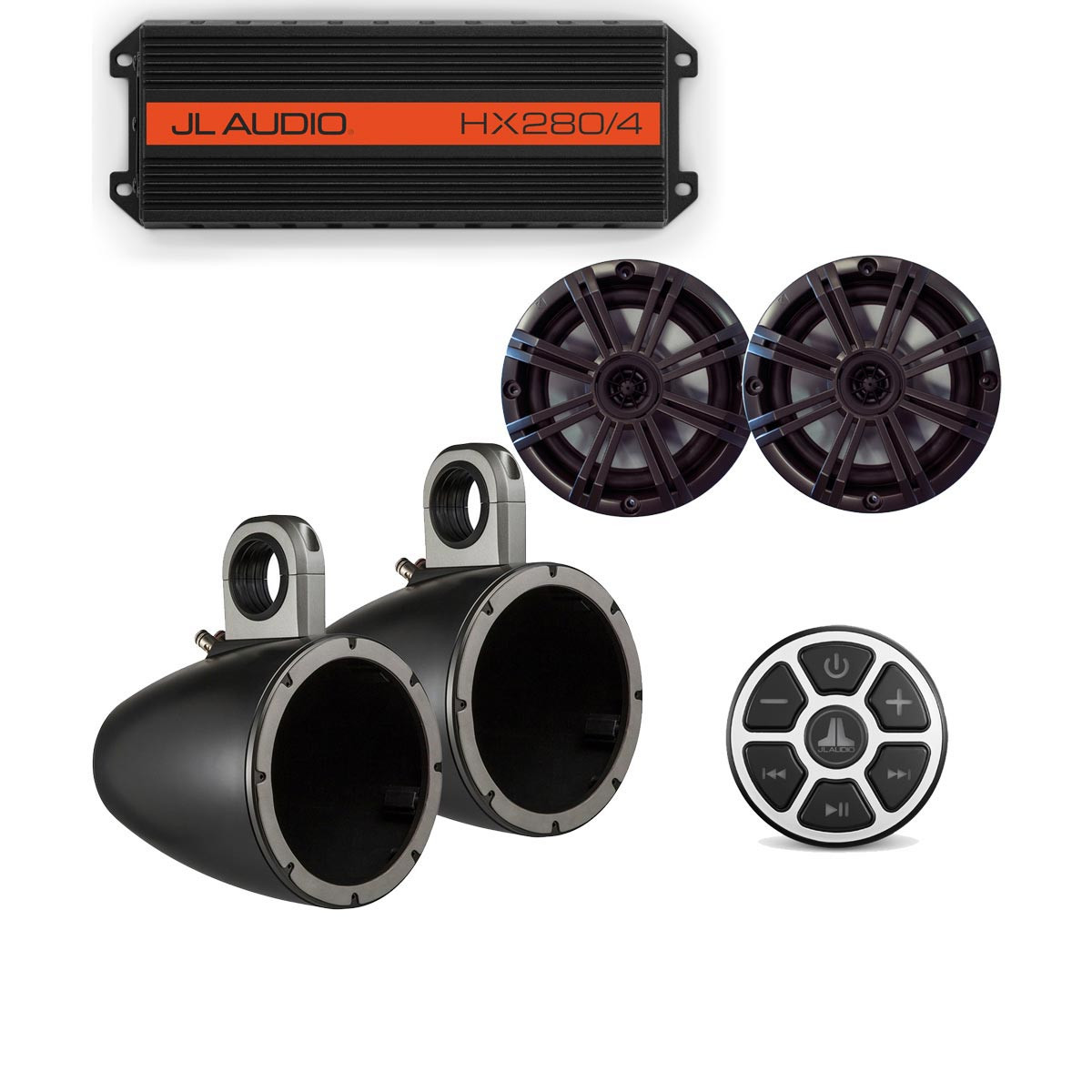 JL Audio HX280/4 Amp,MBT-CRX Bluetooth Receiver with Kicker KMTES